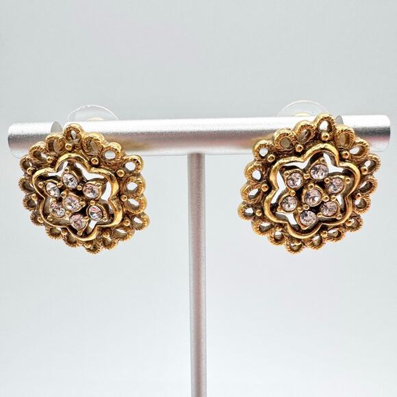 Vintage 1928 Crystal Rhinestone Filigree Lace Openwork Romantic Stud Earrings - Picture 3 of 9